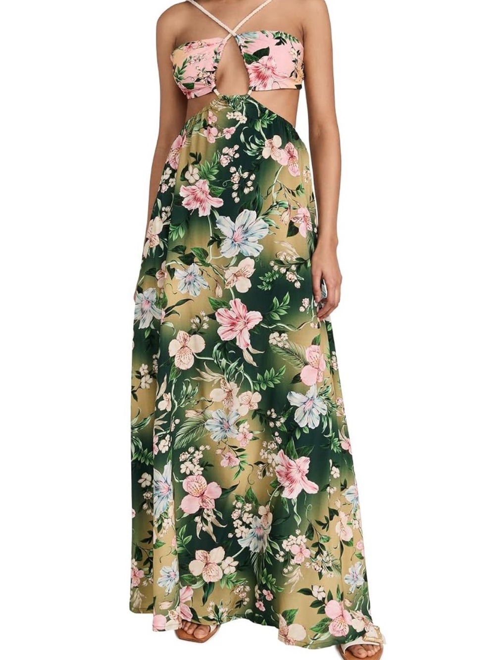 Agua Bendita Floral Green Cutout Maxi Dress with Pink Accents